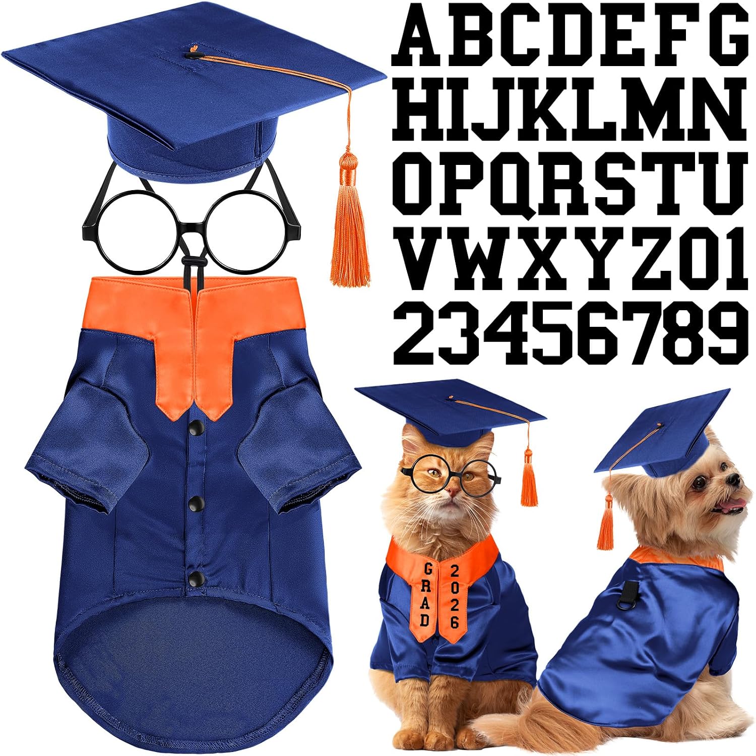 Huhumy 5 Pcs Dog Graduation Costume Set Include 2026 Pet Graduation Gown with Stole Puppy Grad Cap Lensless Glasses DIY Letter Stickers for Dogs Cats Holiday Costume Accessory(Blue Orange,S)
