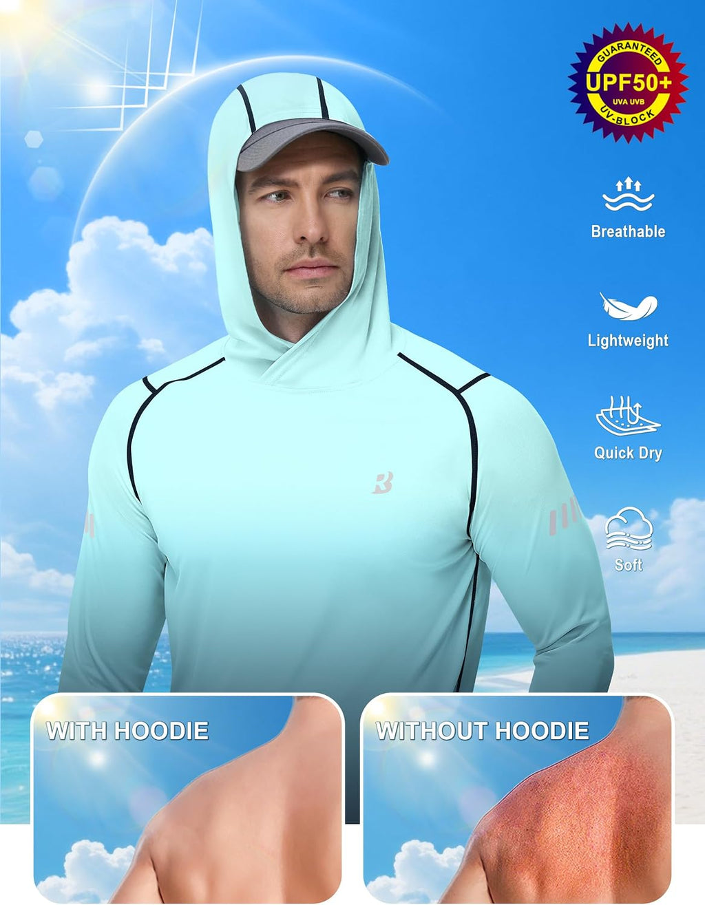 Roadbox Men's UPF 50+ Sun Hoodie, UV Long Sleeve Fishing Shirts Rash Guard