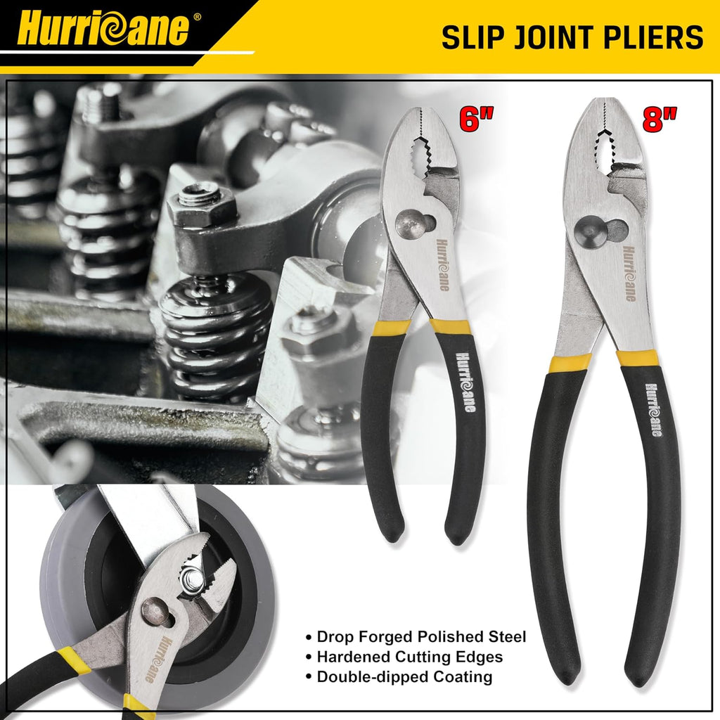 HURRICANE 7-Piece Pliers Set – 8" Water Pump, 8"/6" Slip Joint, 7" Linesman, 6" Diagonal, 6" & Mini Long Nose, Carbon Steel, Anti-Slip Double-Dipped Handle for Home, DIY, Automotive