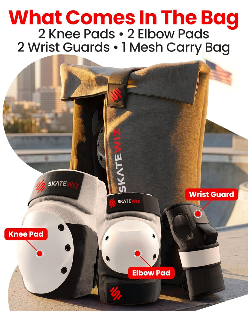 SKATEWIZ Bike Knee Pads - Skateboard Safety Gear - Shield - Size M/L Grey White - Skate & Skateboarding Wrist Guards for Skating Adult with Elbow Pads - Roller Skates, Inline Skates