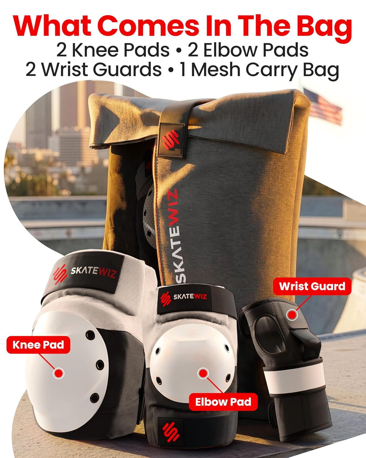 SKATEWIZ Adult Knee Pads, Skate & Skateboarding Wrist Guards for Skating Adult with Elbow Pads - Skateboard Protective Gear - Shield - Size M Grey White - Roller Skates, Inline Skates