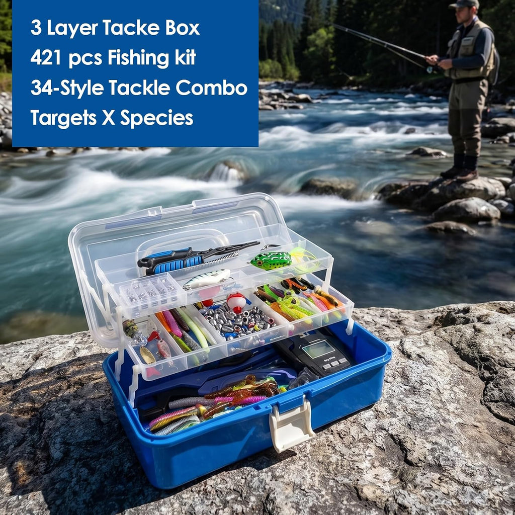 Fishing Lures Kit, 421PCS Tackle Box-(Blue)