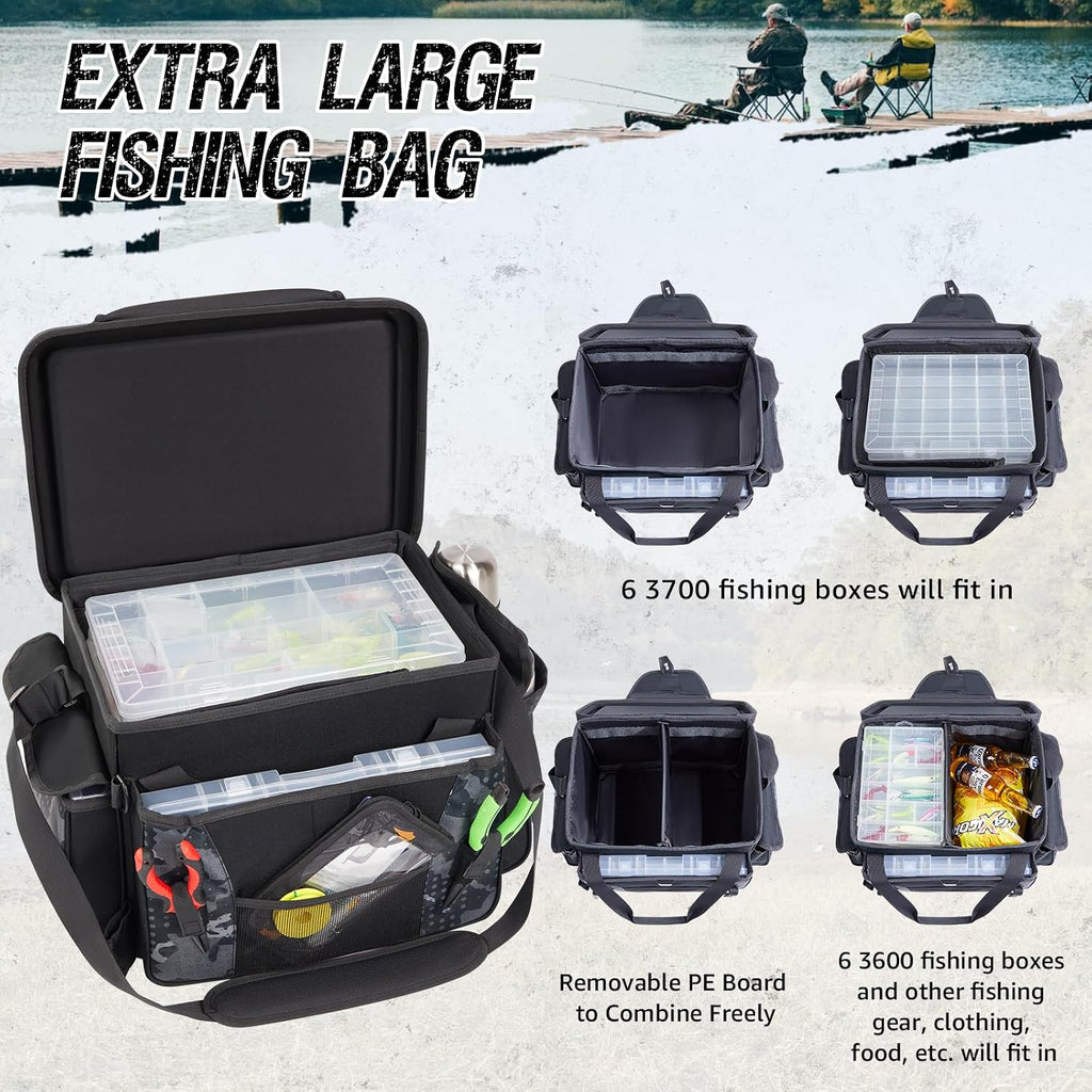X-Strike Fishing Tackle Bag, Fishing Box Bag with 7 3700 Tackle Boxes Extra Large Fishing Gear Storage Bag Water-Resistant Tackle Bags Padded Shoulder Strap for Saltwater Icefishing Freshwater Camping