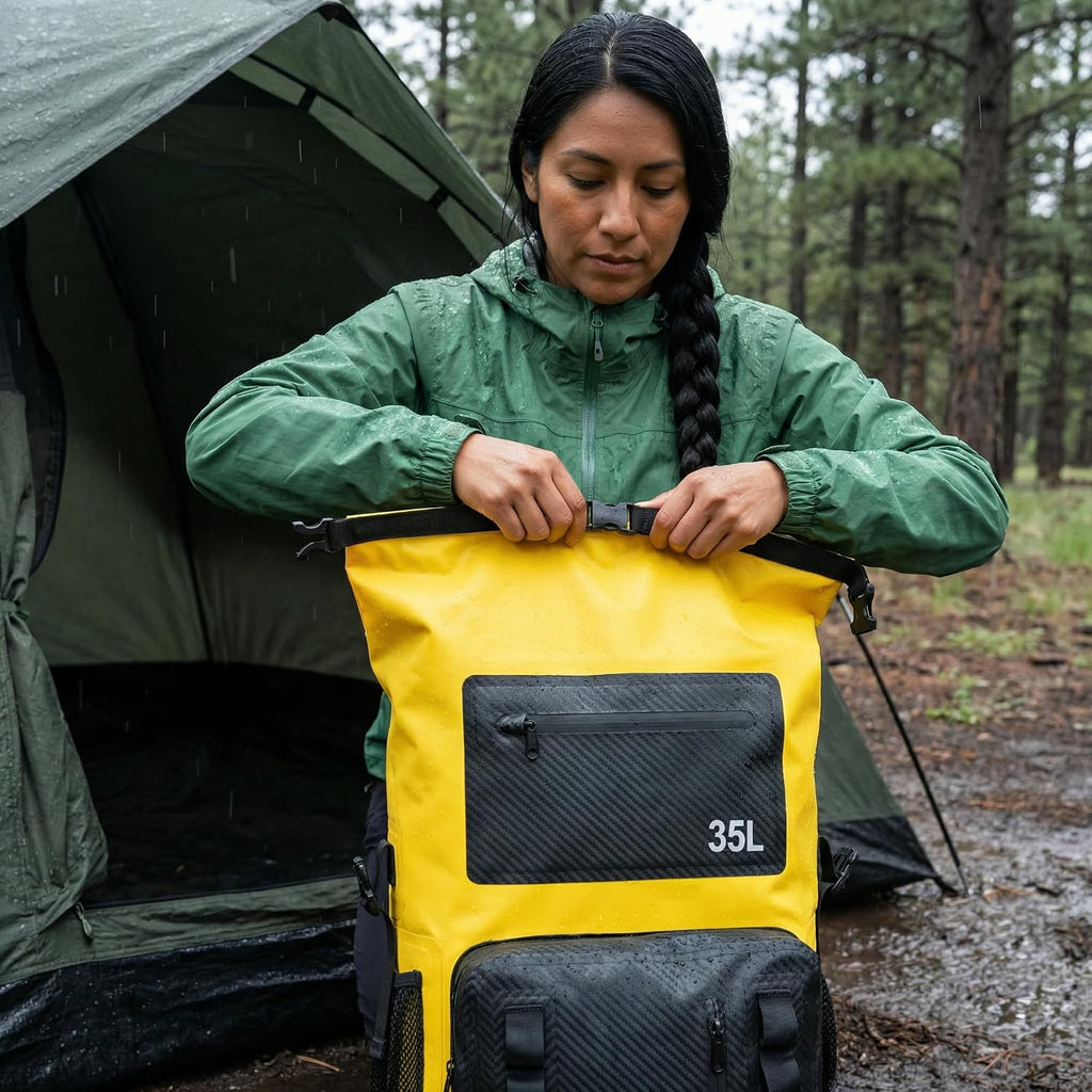 Greencity 100% Waterproof Roll-Top Dry Bag Backpack with Front Splash-Proof Pocket, Lightweight Floating Pack for Kayaking, Hiking & Travel,35L (Yellow-black)