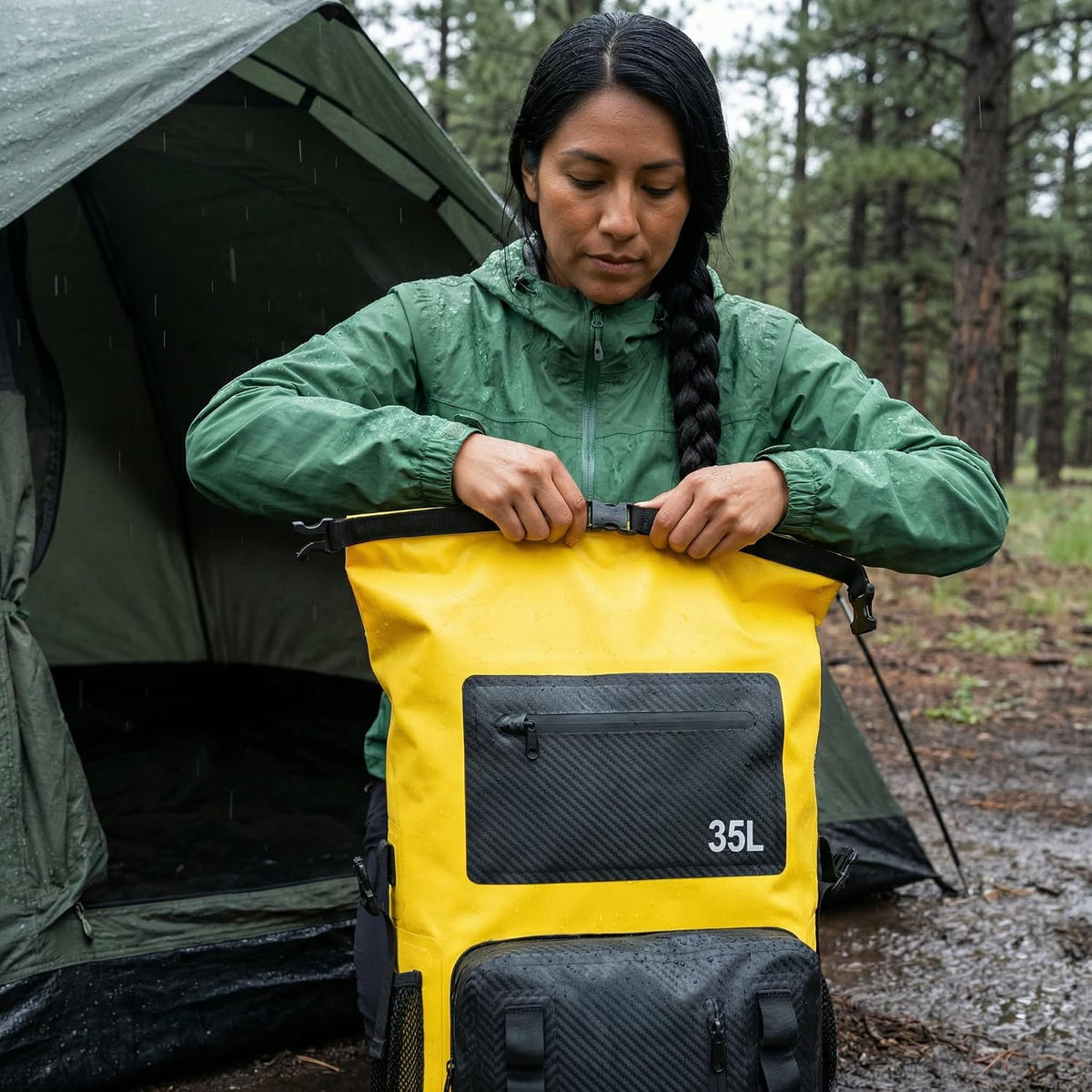 Greencity 100% Waterproof Roll-Top Dry Bag Backpack with Front Splash-Proof Pocket, Lightweight Floating Pack for Kayaking, Hiking & Travel,35L (Yellow-black)