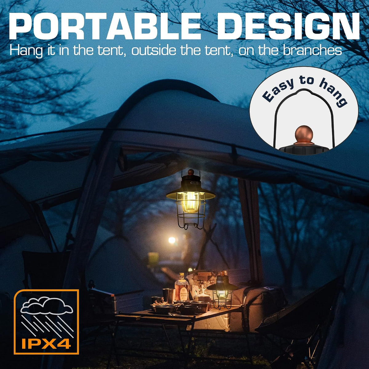 EverBrite LED Camping Lantern Pack of 2, USB C Rechargeable Lantern with 3 Light Modes, Vintage Outdoor Lanterns with Power Bank Function for Power Outages, Hurricane, Emergency, Fishing