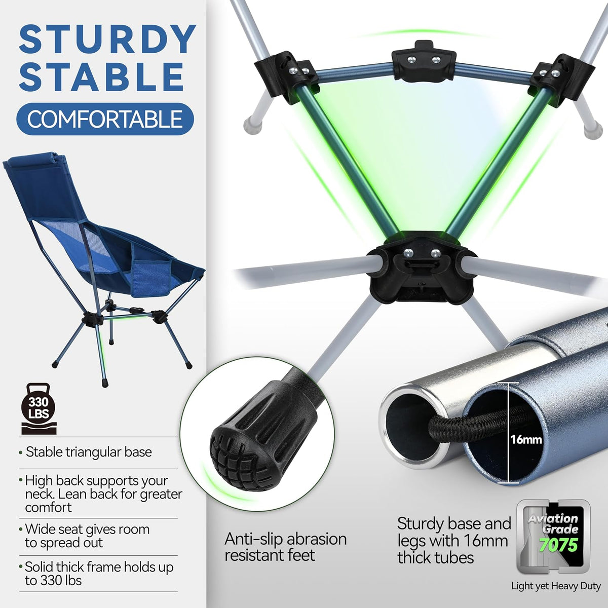 MARCHWAY Lightweight Folding High Back Camping Chair with Head Support, Stable Portable Compact for Outdoor Camp, Travel, Beach, Picnic, Festival, Hiking, Backpacking (Highback Dark Blue)