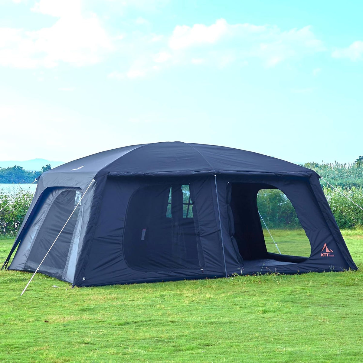 KTT Extra Large Tent 10-12-14 Person,Family Cabin Tents,2 Rooms,3 Doors and 3 Windows with Mesh,Straight Wall,Waterproof,Double Layer,Big Tent for Outdoor,Picnic,Camping,Family Gathering