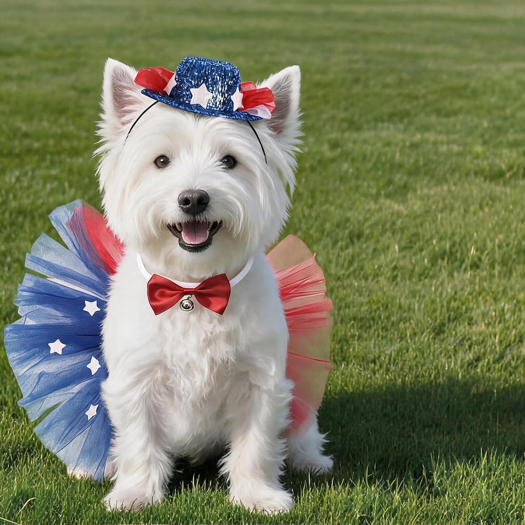 3 PCS Dog 4th of July Outfit, Cat Dog Costume Patriotic 4th of July with Tutu Skirt, Bowtie Collar and Hat Set, Independence Day Pet Accessories for Small Medium Dogs Cats