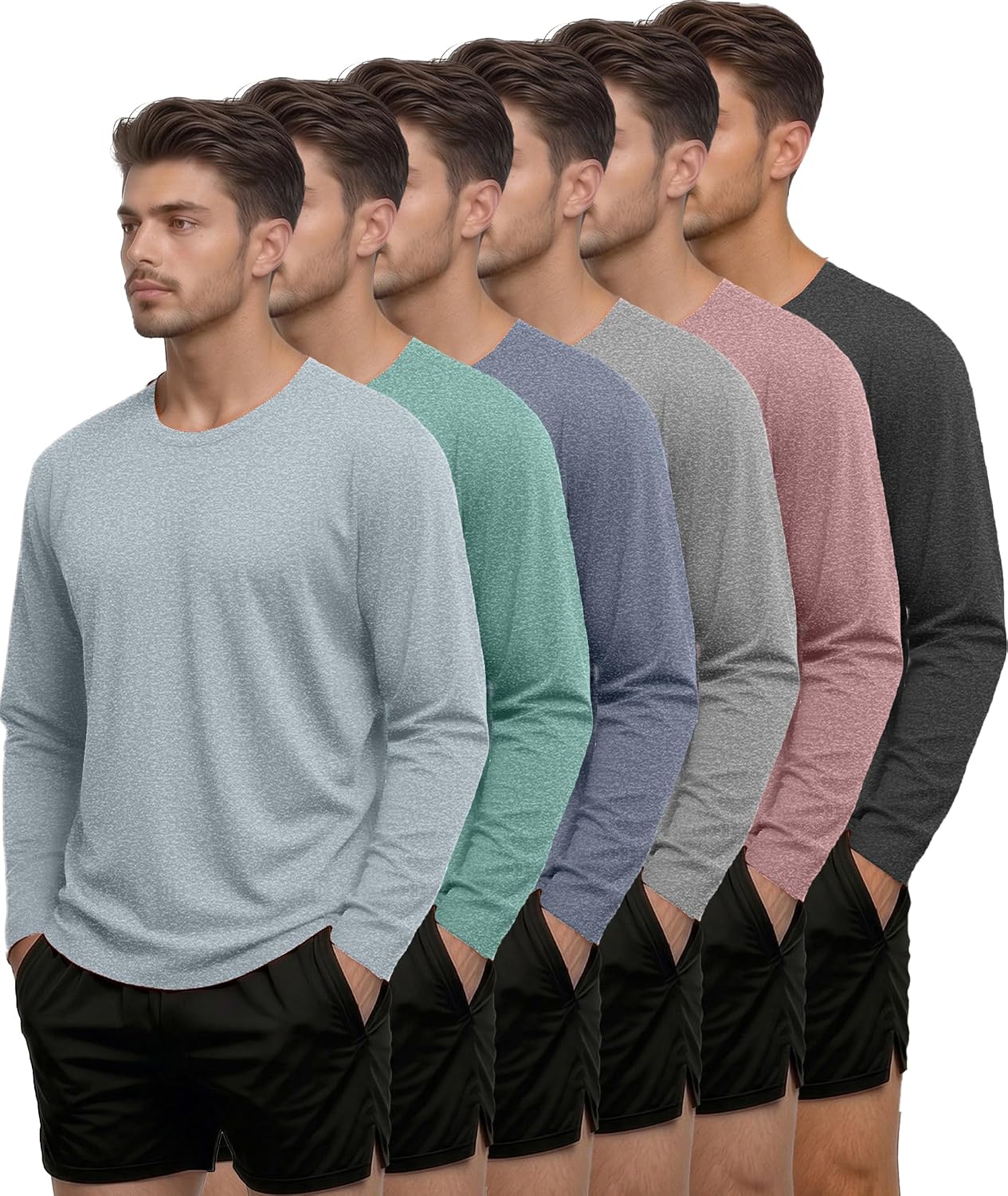 Kinglaman 6 Pack Men Dry Fit Workout Long Sleeve UPF 50+ Athletic Gym Shirt