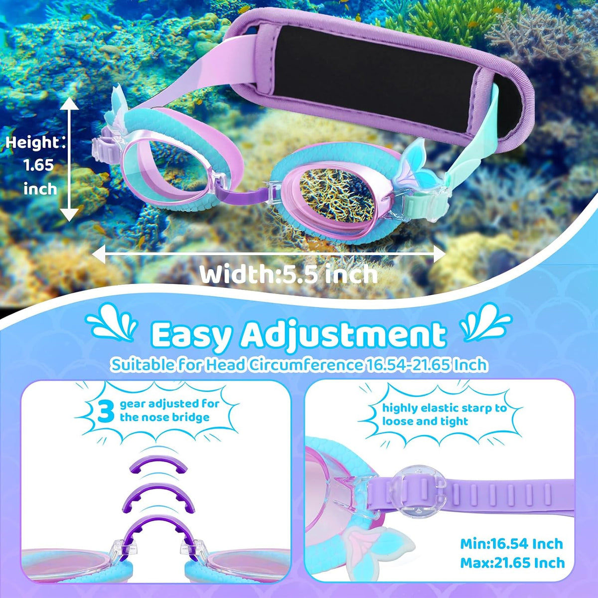 Vvinca Kids Swim Goggles 2-8，Toddler goggles with Fabric Strap No Tangle