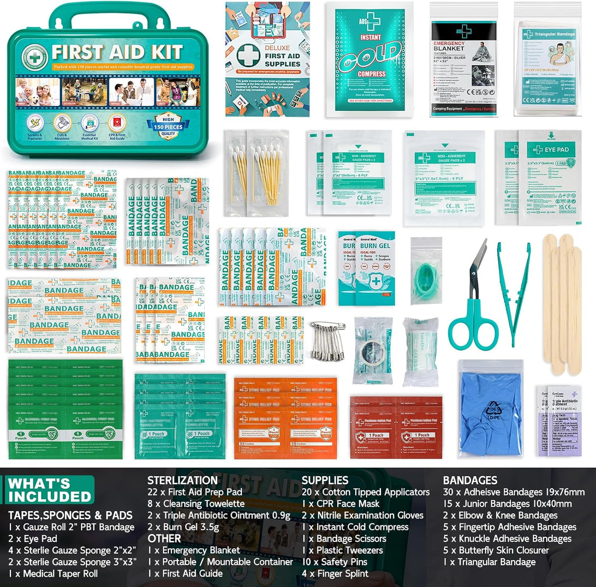 General Medi 150 Pieces Hardcase First Aid Kit - First Aid Box Contains Premium Medical Supplies for Travel, Home, Office, Vehicle, Camping, Workplace & Outdoor