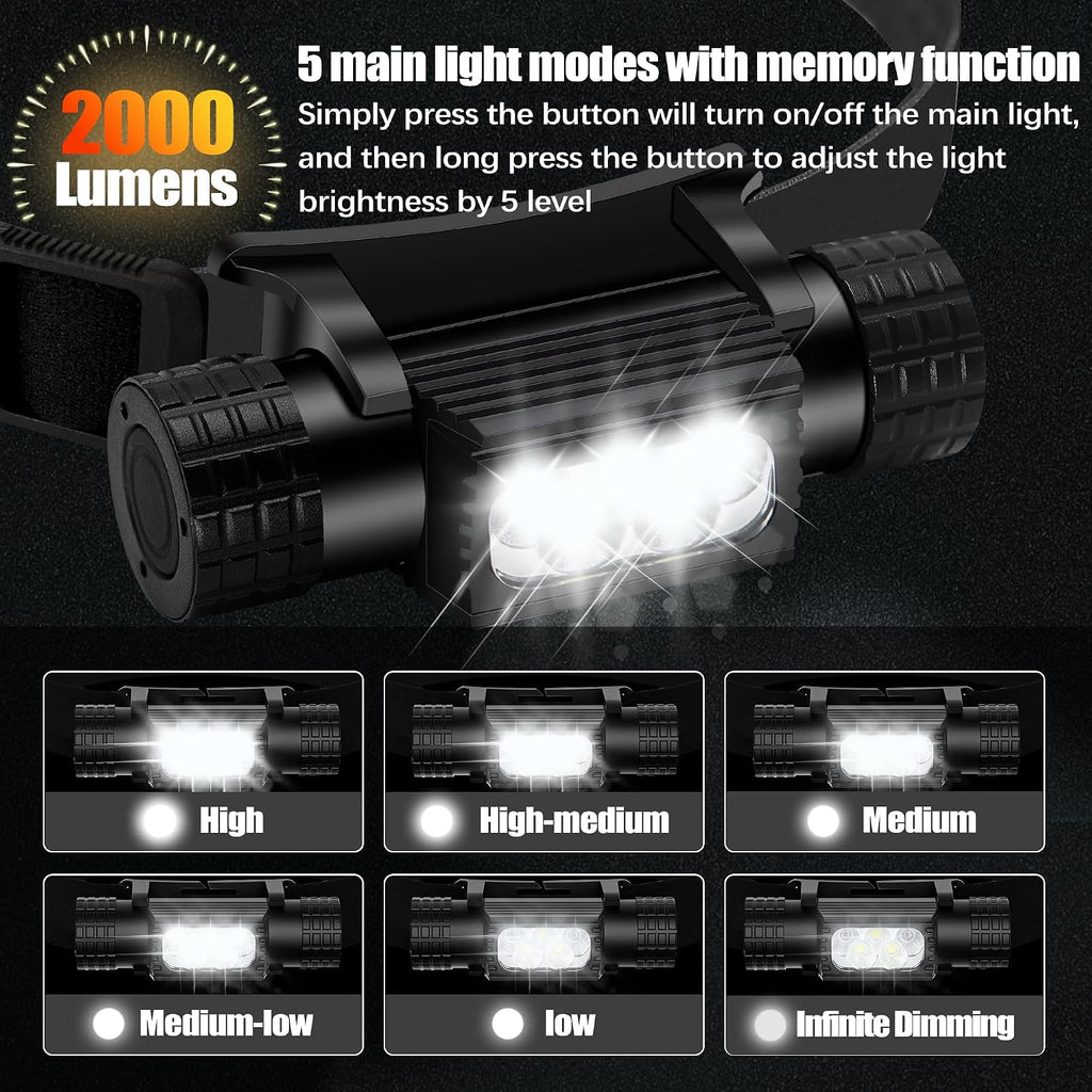 Headlamp Rechargeable, 2000 Lumen Super Bright LED Head Lamp for Adults, IP67 Waterproof Rechargeable Headlight with 9 Modes, Head Flashlight with 2600 mAh for Outdoor Camping Hiking Fishing Running