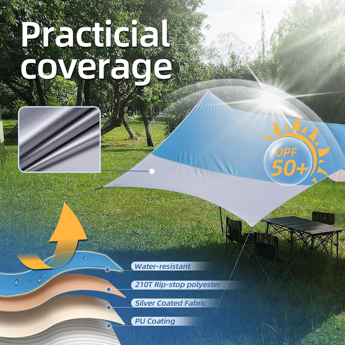 12X14FT Camping Tarp with 2 Poles, UV UPF50+ Lightweight Car Awning Sun Shelter, PU3000 Waterproof Tarp for Camping, Hiking and Backpacking Trips