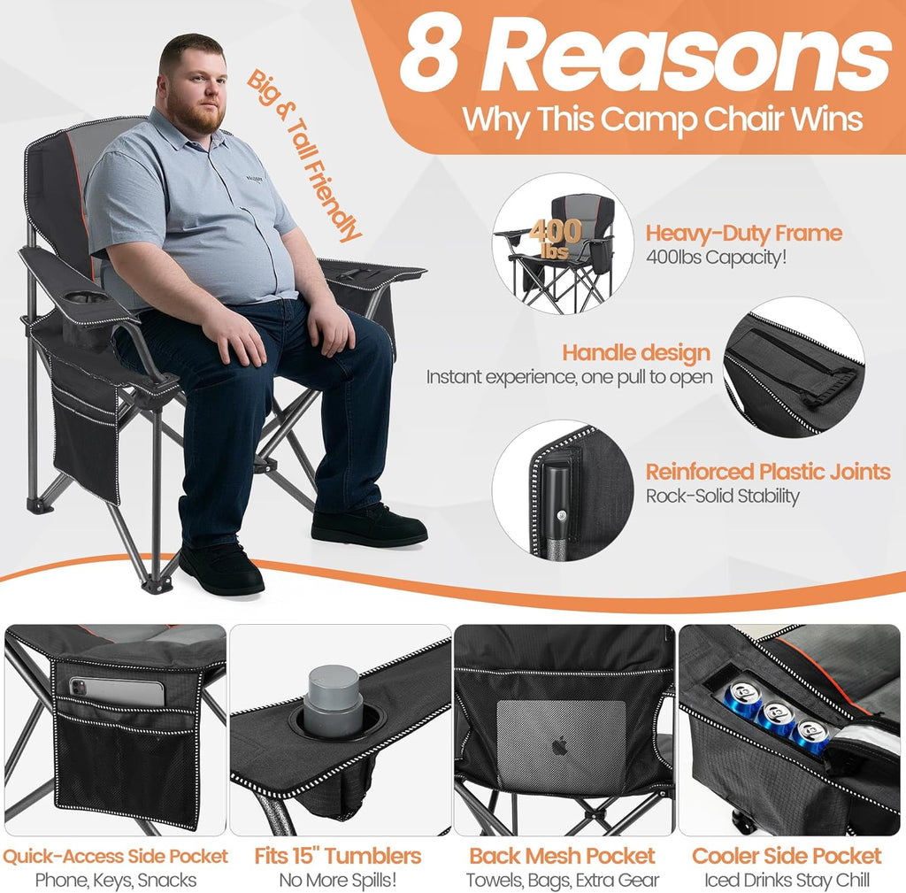 WEIDIORME 2 Pack Heavy Duty Oversized Camping Chair for Adults 400lbs w/Lumbar Support - Folding Chairs with Side Pocket, Cup Holder & Cooler Bag for Beach, Fishing, Lawn, Backyard Black