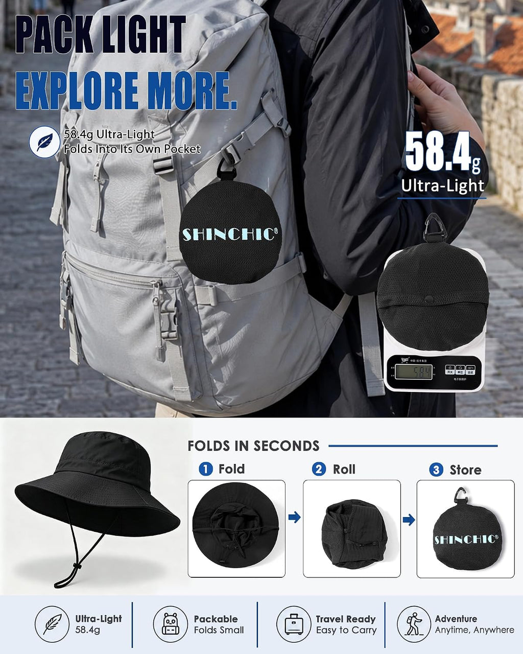Water-Resistant UPF 50+ Sun Bucket Hat Packable Brimmed for Women Men