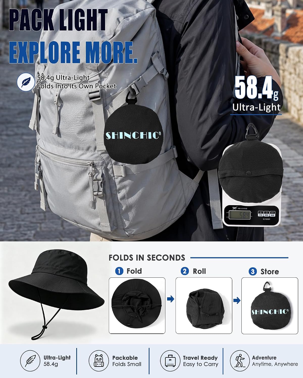 Water-Resistant UPF 50+ Sun Bucket Hat Packable Brimmed for Women Men