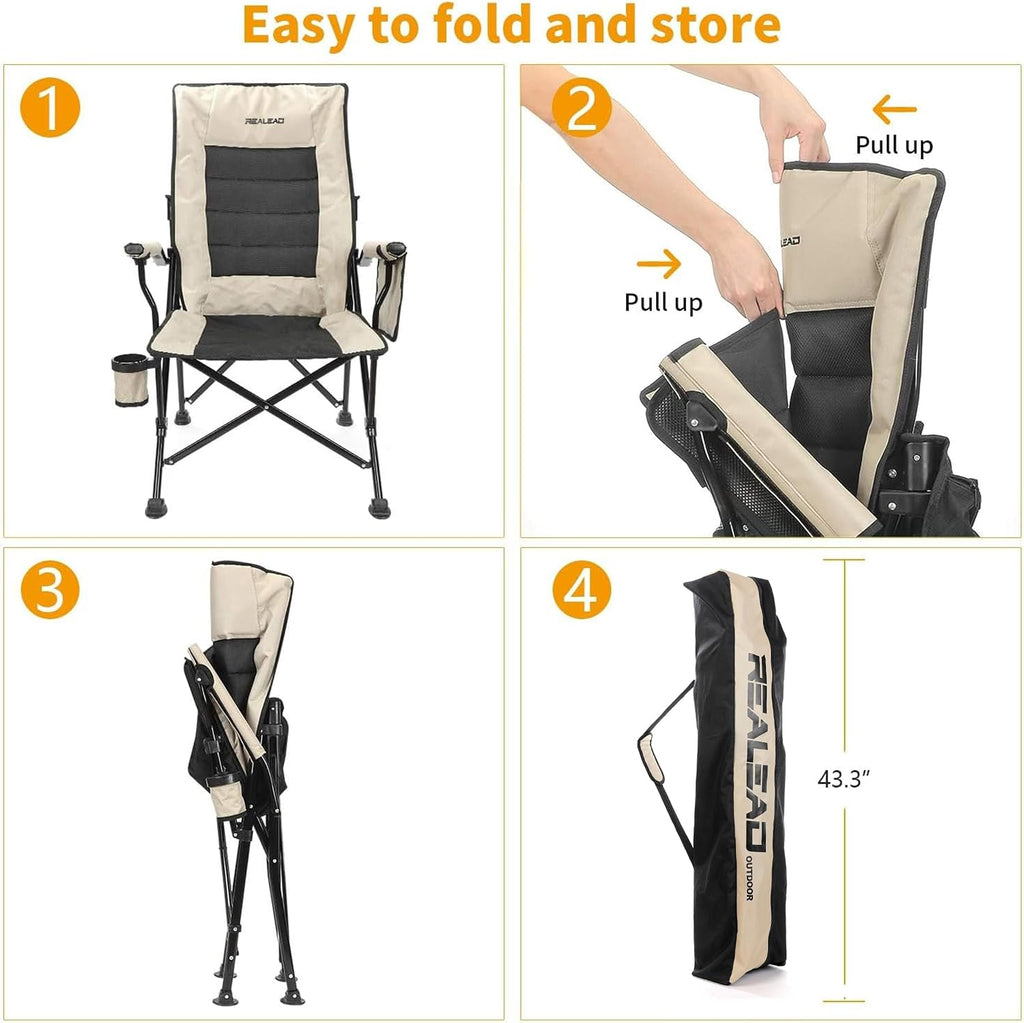 REALEAD Camping Chairs for Adults with Adjustable Backrest & Lumbar Support