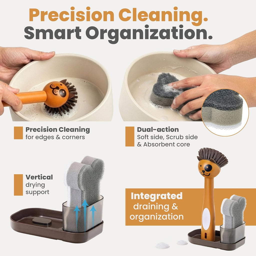 Pet Bowl Cleaner Set with Dog Bowl Brush, Dog Sponge, Holder & Drain Tray