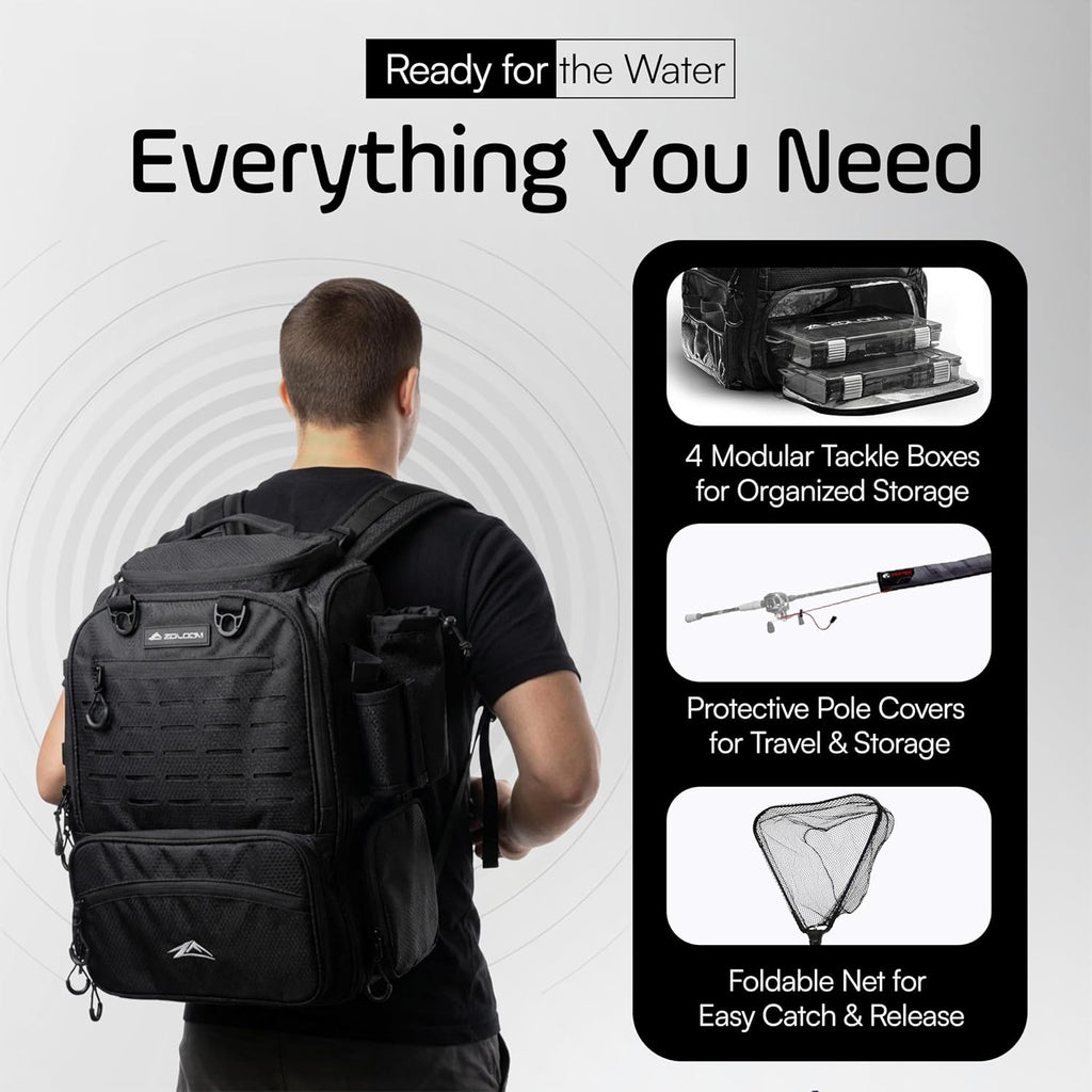 Waterproof Fishing Backpack with Tackle Boxes, Rod Holder & Foldable Net - 40L Fishing Tackle Bag with Trays Included, Extra Storage Gear and Equipment, Rain Cover, Fisherman Gift for Men