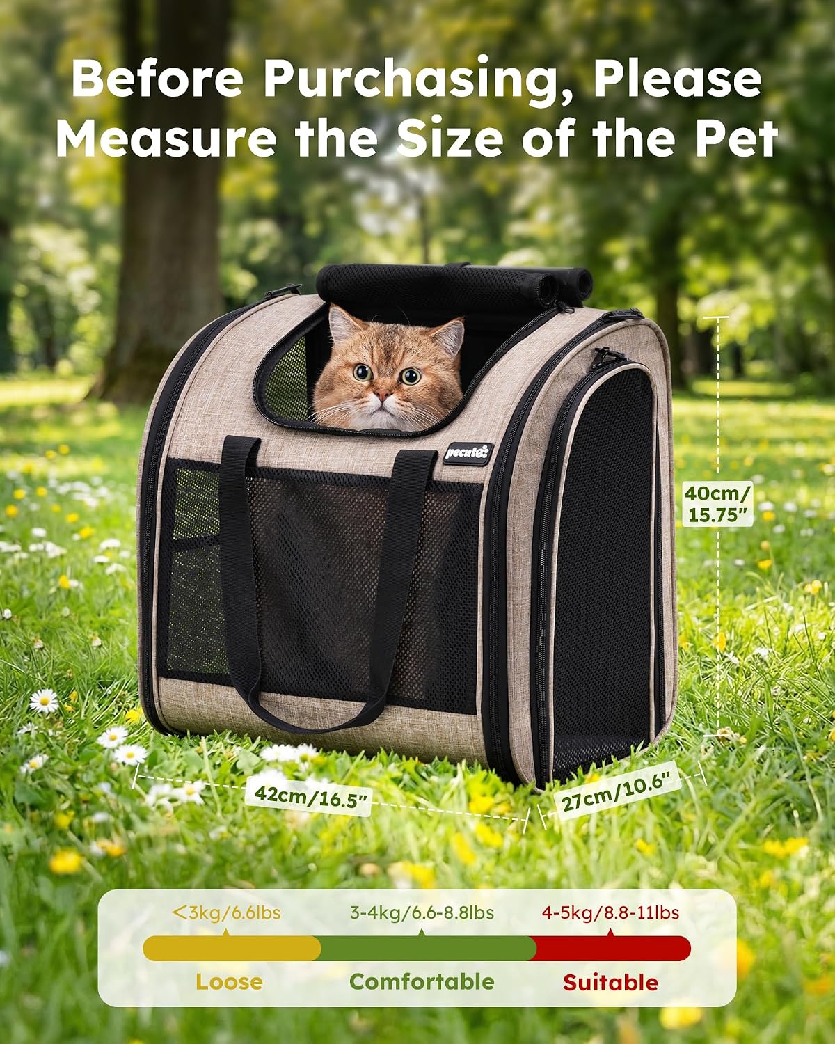 Pecute Cat Backpack with Widened Interior Space, Upgraded Dog Backpack Carrier with Various Ways to Carry, Pet Backpack with Breathable Mesh, Pet Travel Carrier with Soft Padded,Khaki