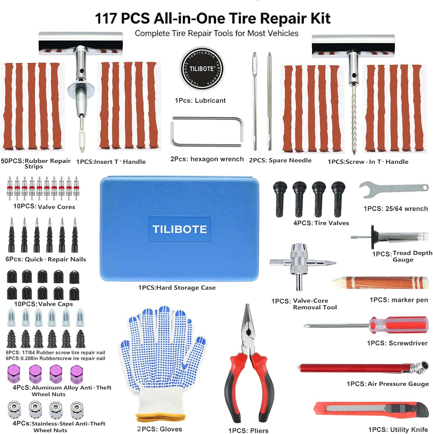 TILIBOTE Tire Repair Kit,117pcs Heavy Duty Tire Plug Kit,with Universal Tire Patch Kit to Plug Flats for Car/Motorcycle/Truck/Tractor/Trailer/RV/ATV