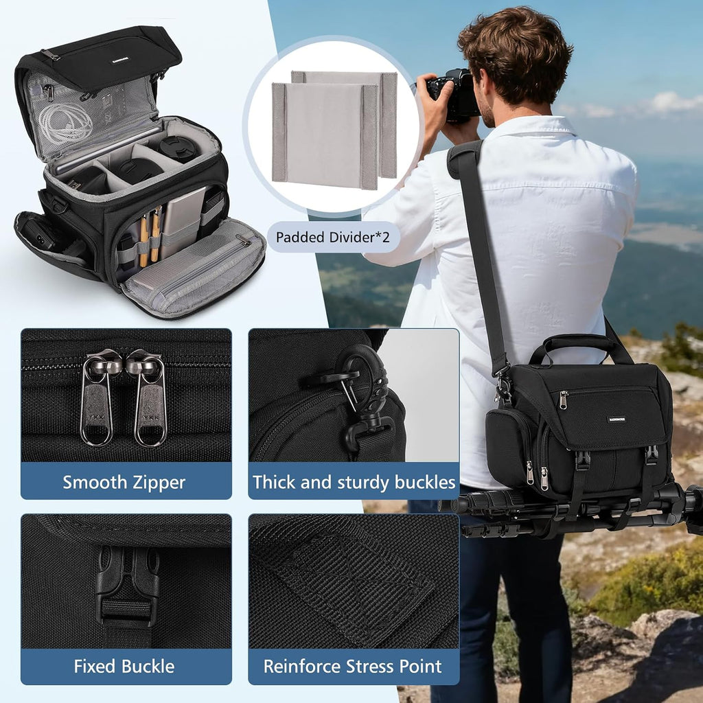 RAINSMORE Camera Bag, DSLR/SLR/Mirrorless Camera Sling Bag for Photographers Waterproof Small Camera Case with Tripod Holder & Rain Cover Camera Crossbody Bag for Canon/Nikon/Sony/Fuji, Black