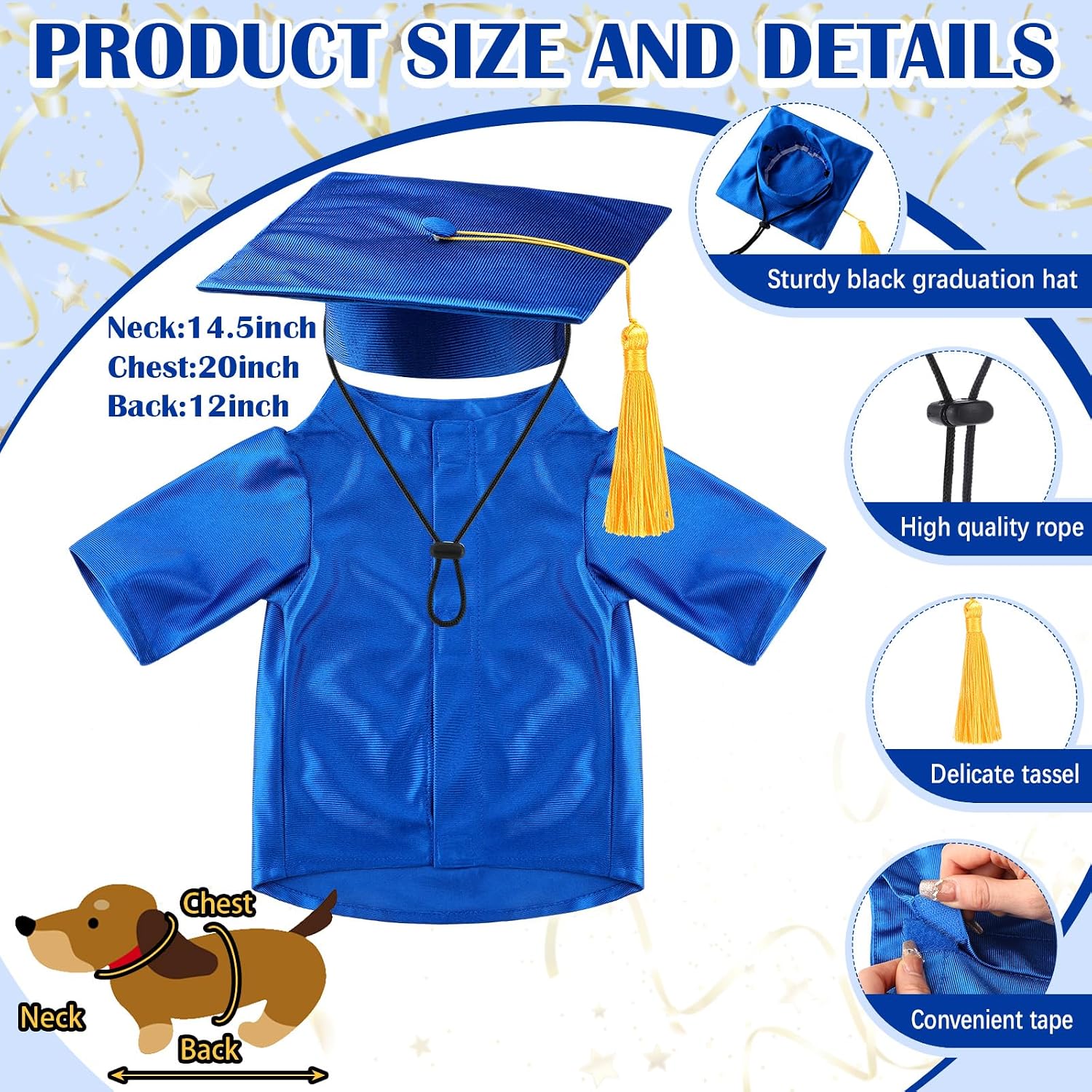 Chicingyou Small Dog Graduation Cap and Gown 2026 with Stole Washable Shirt and Hat Pet Graduation Gown Costume Outfit for Tiny Dog Little Cat Doll Clothes Holiday Halloween Costume Accessory(Blue)