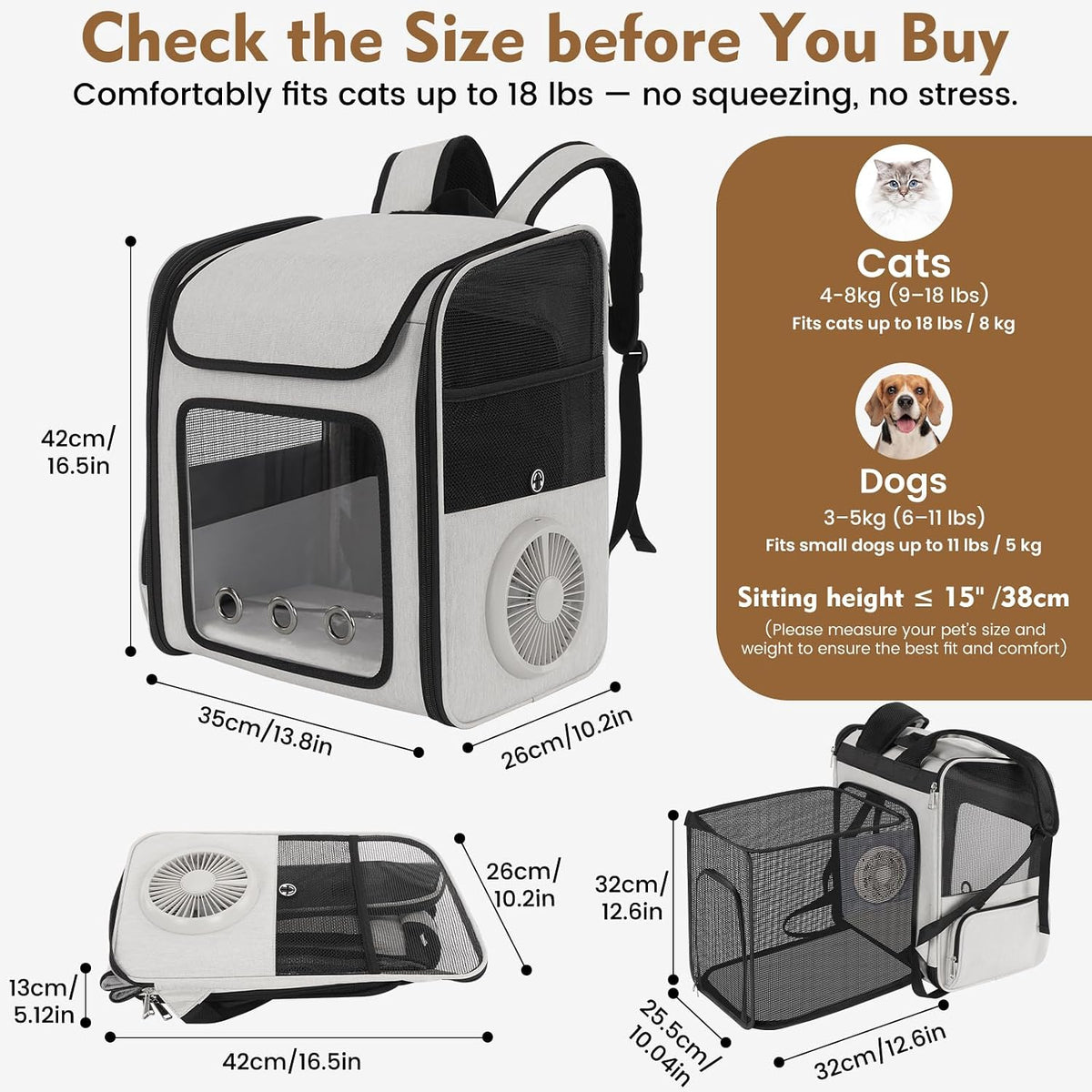 Cat Backpack Carrier with Cooling Fan & Heating Pad up to 18 lbs