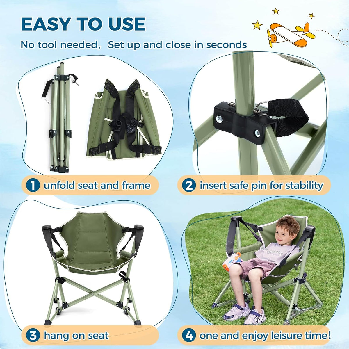 Kids Hammock Chair, Kids Camping Chair, Folding Chair, Green