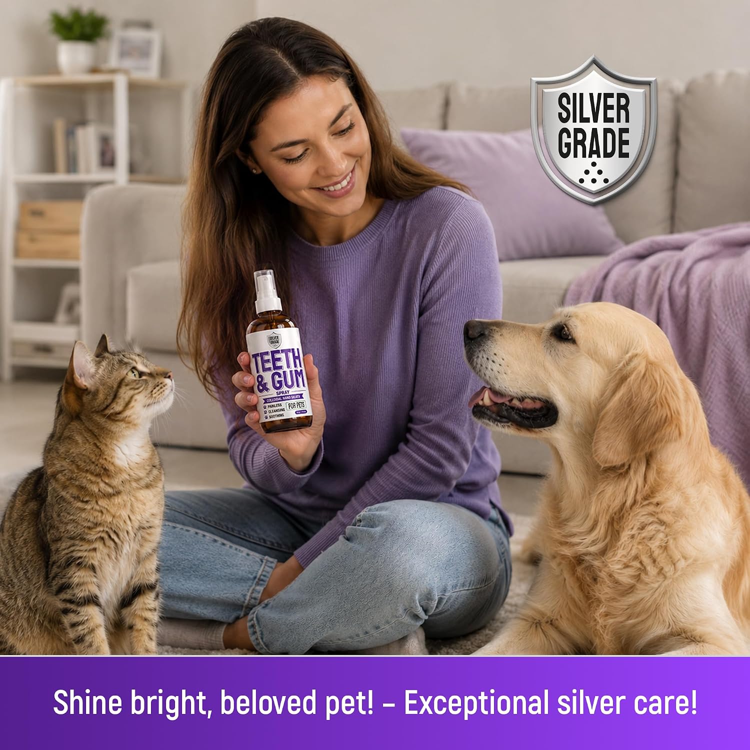 SILVER GRADE Teeth & Gum Cat & Dog Breath Freshener Spray – No Brushing Dog Dental Care Helps with Tartar & Caries – Pet Plaque Remover with Silver 25 PPM – Gentle Formula for Healthy Gums – 4 oz