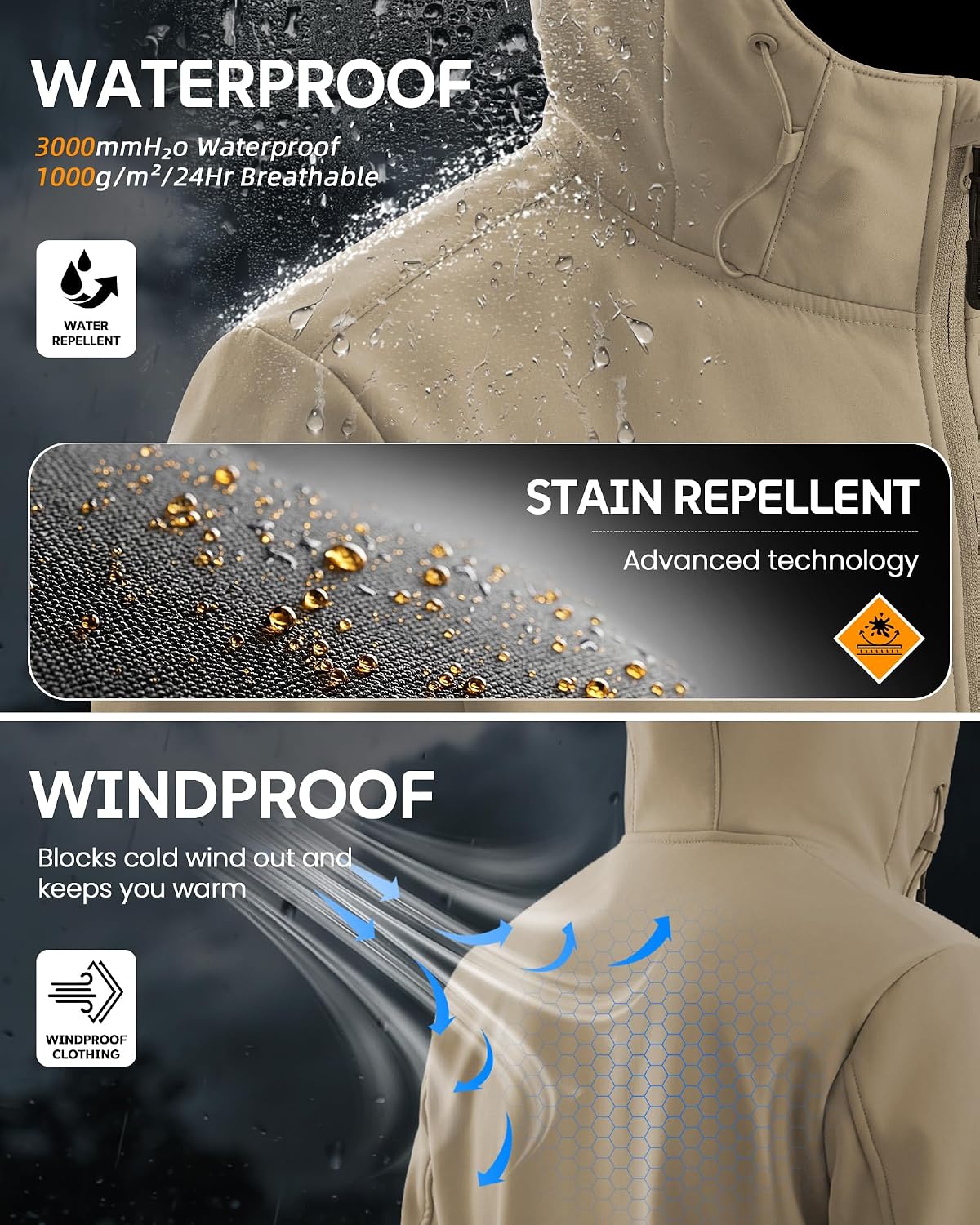 WULFUL Men's Lightweight Softshell Jacket Warm Fleece Lined Windbreaker Waterproof Soft Shell for Outdoor Hiking