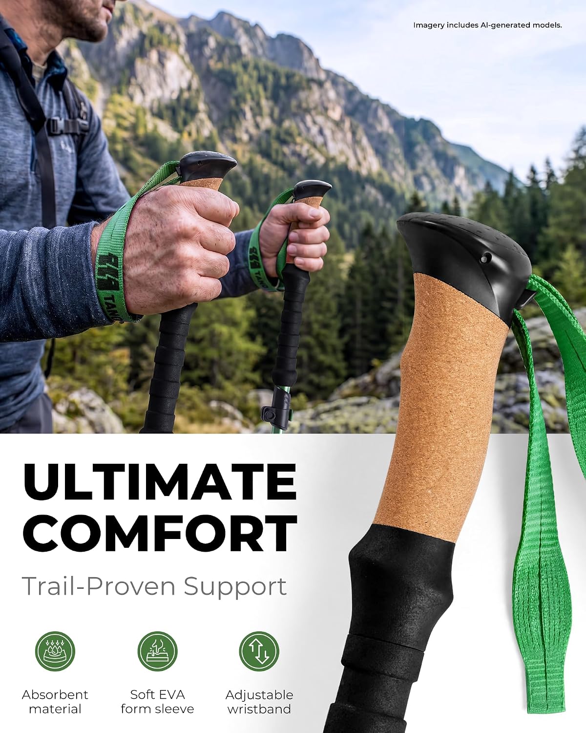 Trekking Poles for Hiking - Collapsible Lightweight 7075 Aluminum Hiking Poles (9.5 oz), Cork Grip Tri-Fold Walking Sticks for Seniors, Men & Women, Adjustable 43-53" (Set of 2)