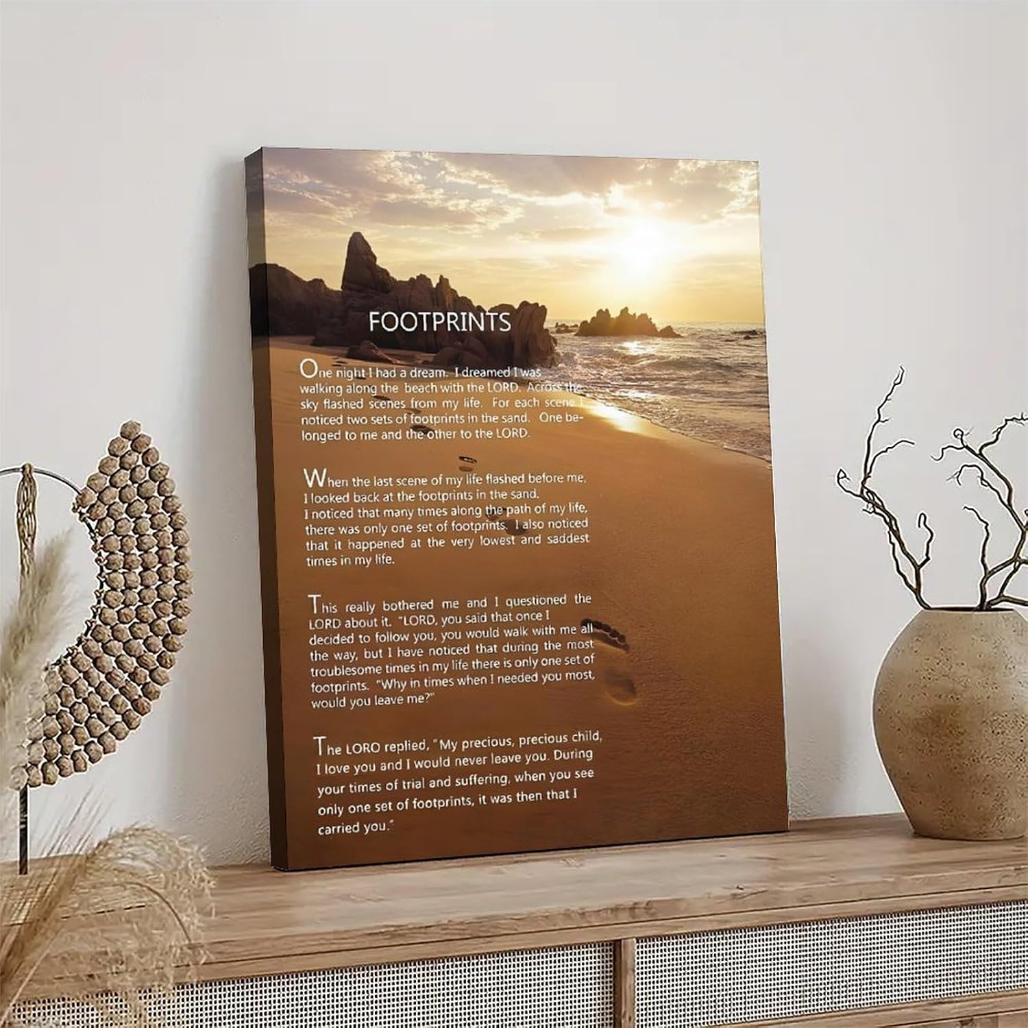 Footprints in the Sand Religious Canvas Wall Art Posters, Inspirational Beach Sunset Poem Print Poster (Framed 24x36inch, Footprints(2))