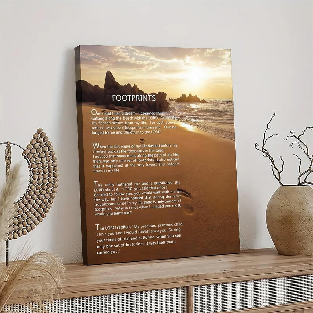 Footprints in the Sand Religious Canvas Wall Art Posters, Inspirational Beach Sunset Poem Print Poster (Framed 20x30inch, Footprints(2))