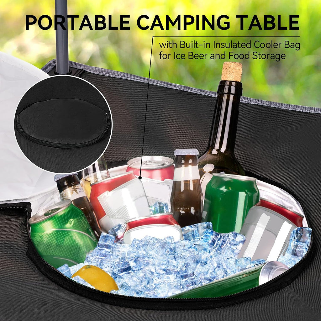 Portable Lightweight Folding Camping Table with Cooler and 4 Large Cup Holders Collapsible Picnic Camp Table Foldable Outdoor Table with Carry Bag for BBQ Tailgating Beach RV Travel Hiking