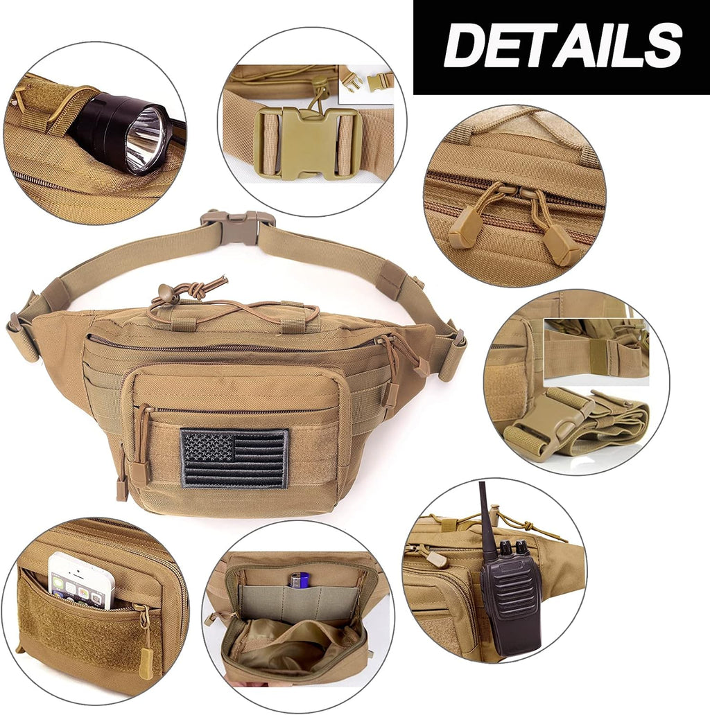 Tactical Fanny Pack, Military Waist Bag Hip Belt Bumbag Utility Bags for Outdoor Hiking Climbing Fishing with U.S Patch(Green)