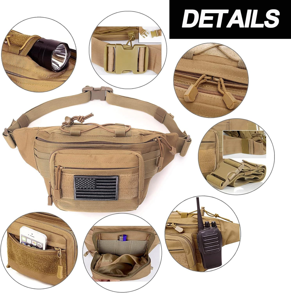 Tactical Fanny Pack, Military Waist Bag Hip Belt Bumbag Utility Bags for Outdoor Hiking Climbing Fishing with U.S Patch(Green)