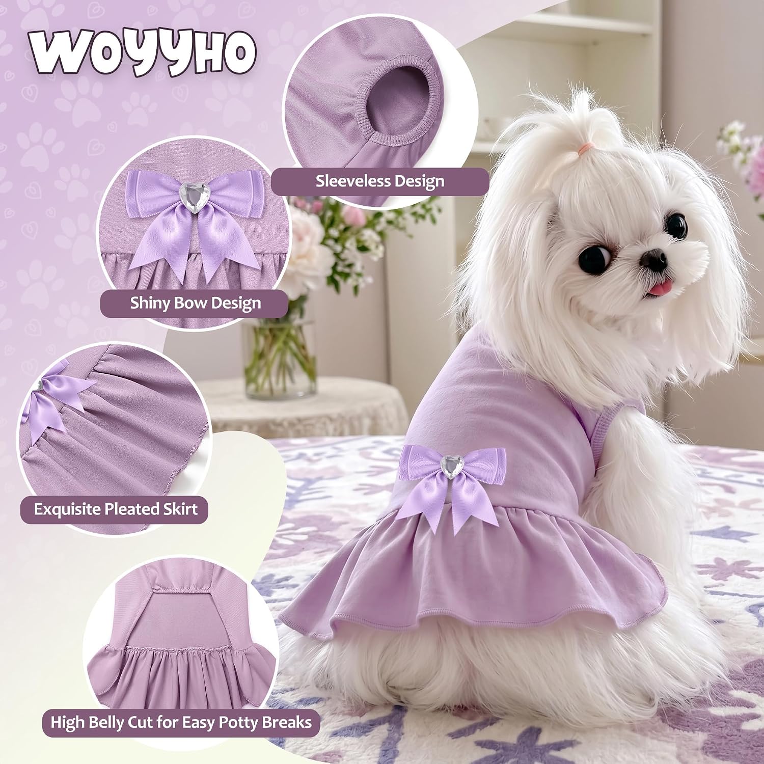 WOYYHO Small Dog Dress with Bowknot, Cute Sleeveless Puppy Princess Dress