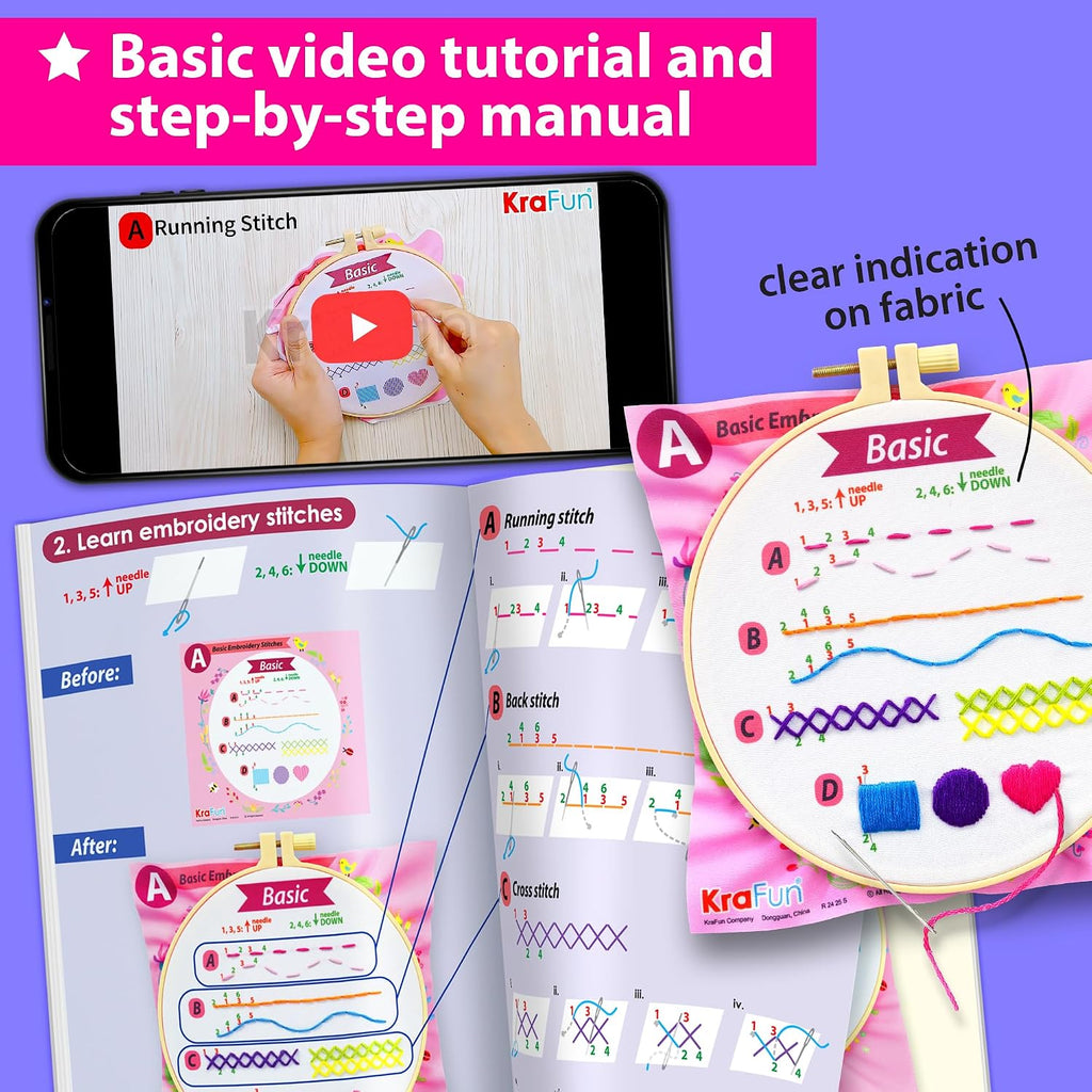 KRAFUN My First Embroidery Kit for Kids & Teens Age 8+ | 8 Projects