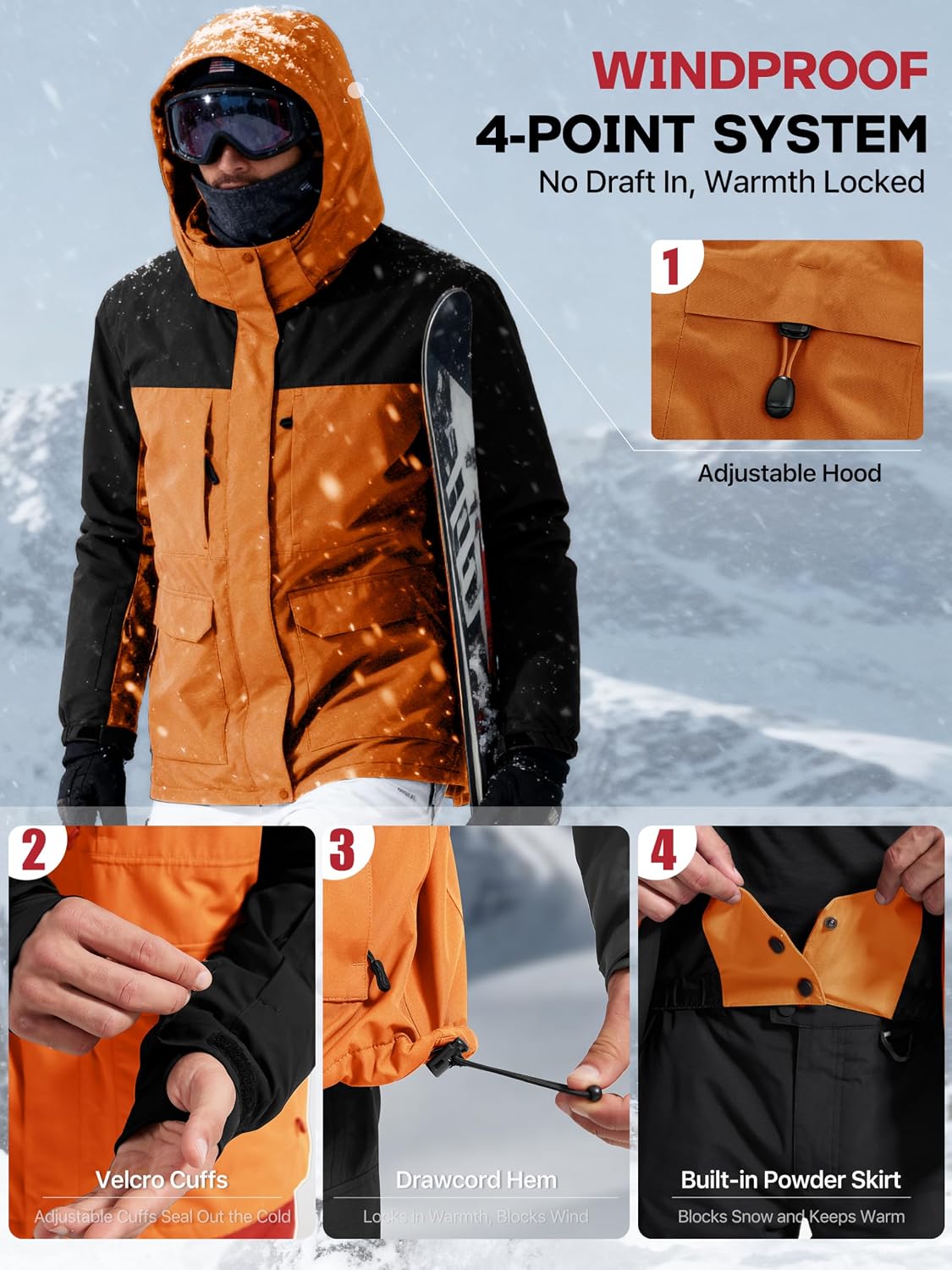 FREE SOLDIER Men's Waterproof Ski Jacket Fleece Lined Warm Winter Snow Coat with Hood Fully Taped Seams