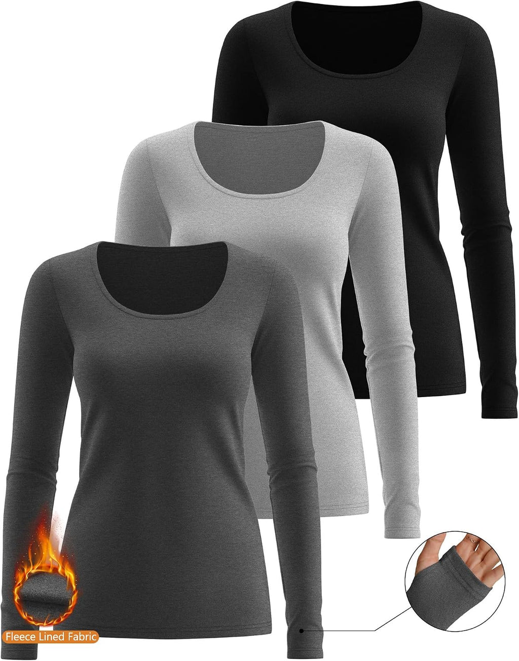 Riyiper 3 Pack Women's Thermal Long Sleeve Shirts Scoop Neck Top
