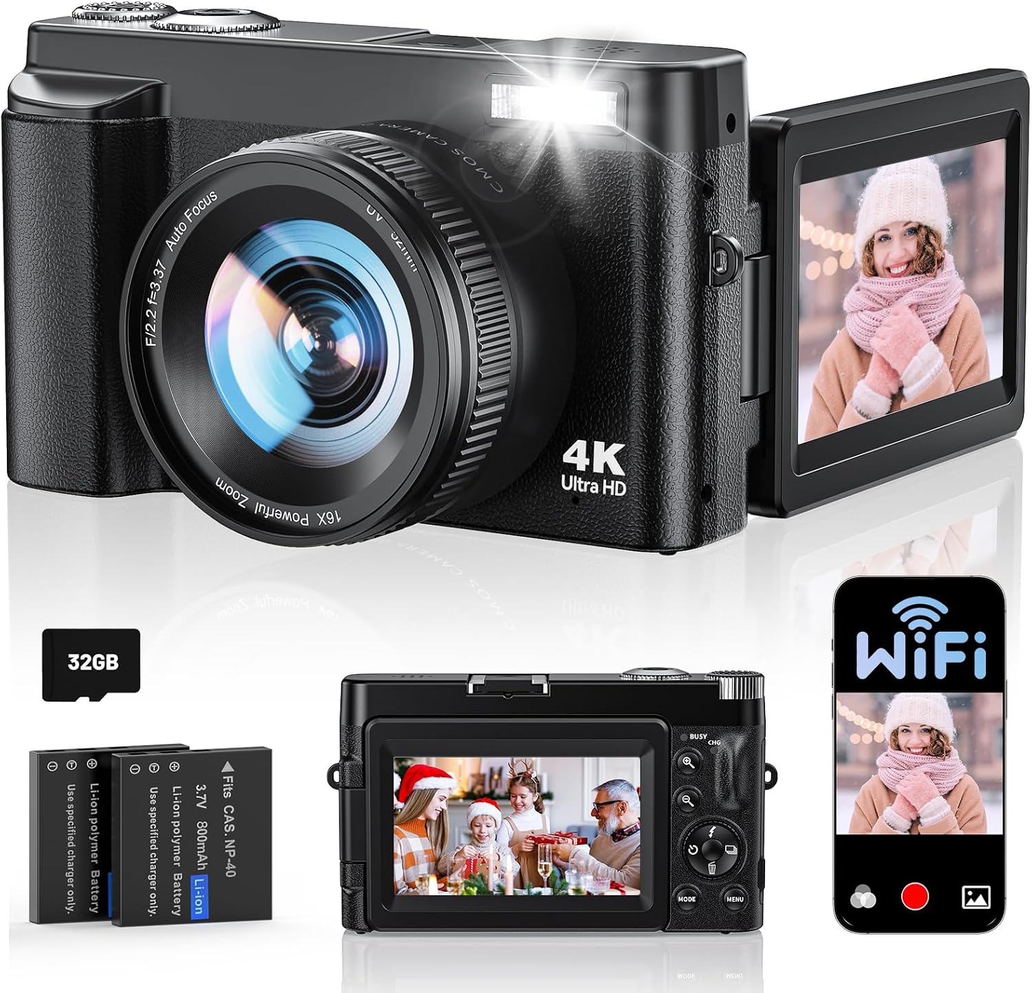 4K Digital Camera for Photography, with WiFi, 180° Flip Screen, 32GB Card