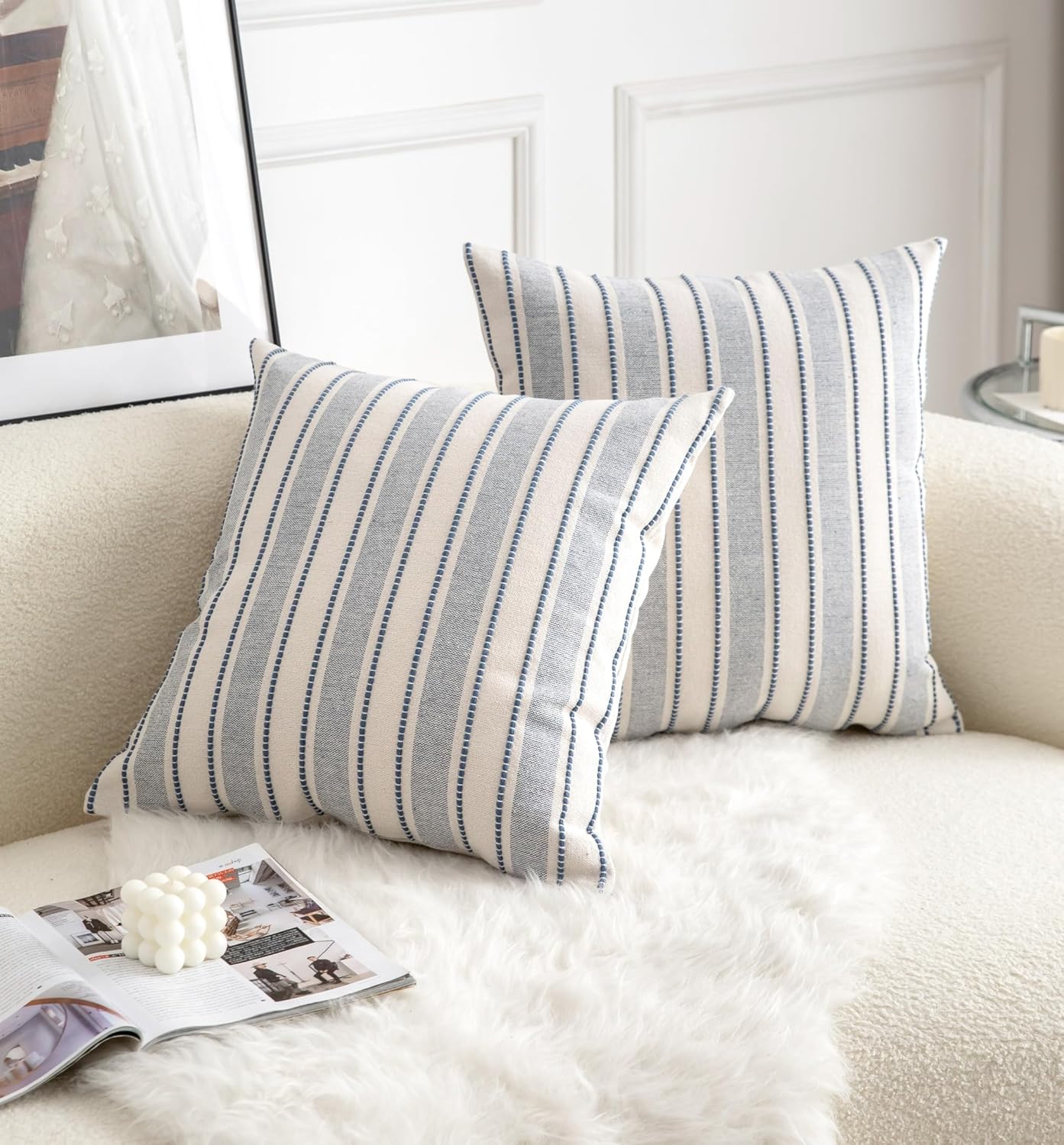 Cethom Decorative Boho Throw Pillow Covers, Farmhouse Textured Pillow Case, 18 x 18 Inch Set of 2, Chair Sofa Bedroom Living Room Home Decor Couch Cushion Case, Classic Blue and Beige Striped