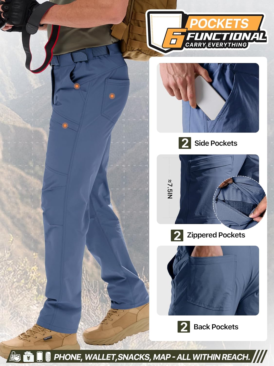 FREE SOLDIER Men's Outdoor Cargo Hiking Pants with Belt