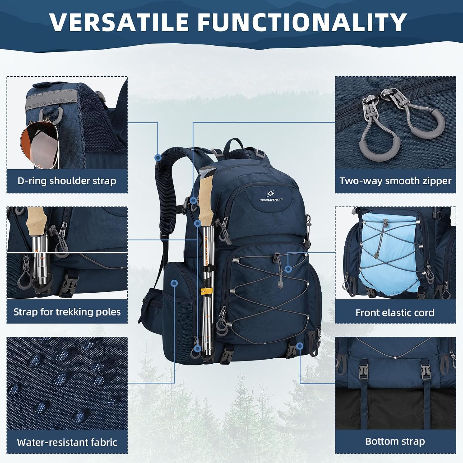 Maelstrom 40L Waterproof Hiking Backpack, Lightweight Travel Daypack | Rain Cover,Hydration-Ready, Tripod Straps, Load Compression, Survival Whistle, Perfect For Men, Women,Camping,Travel