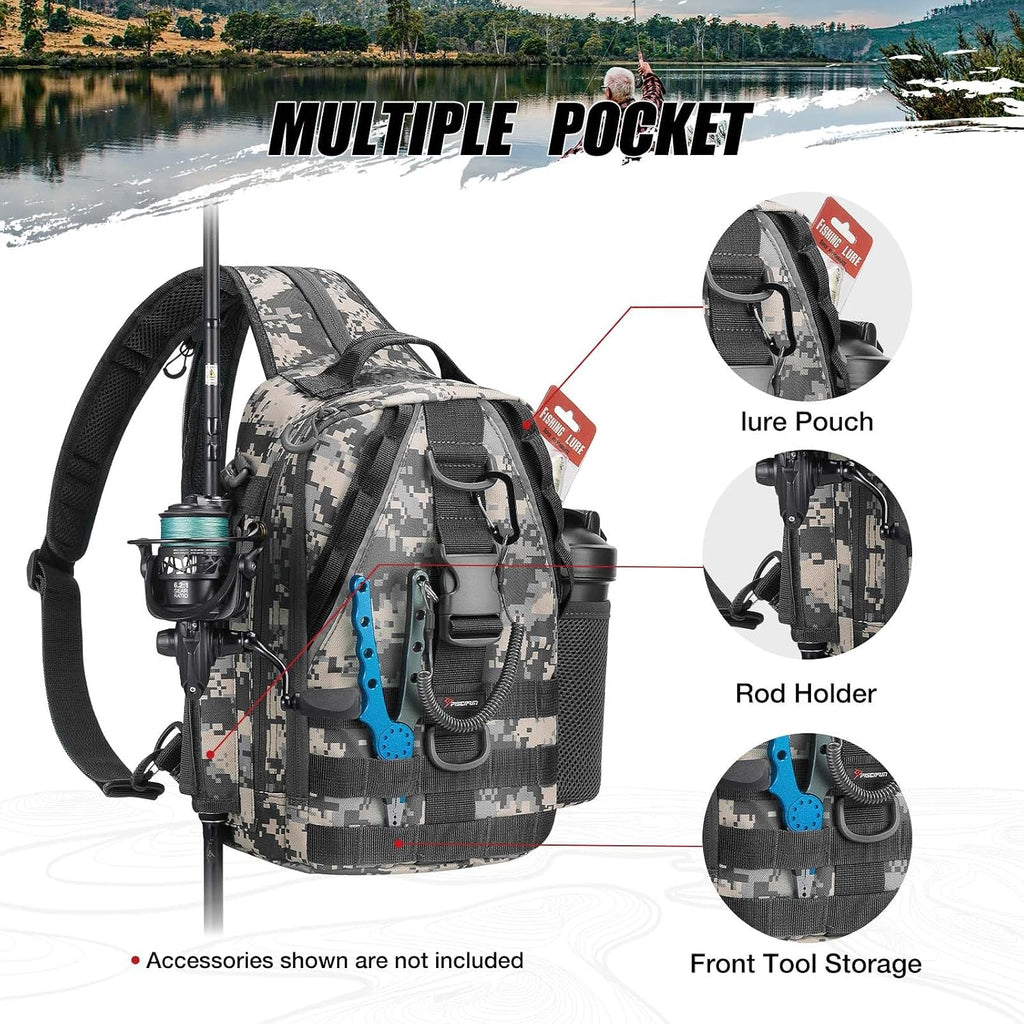 Piscifun Fishing Backpack, Rod Holders, Lightweight Sling Bag, Digital Camo
