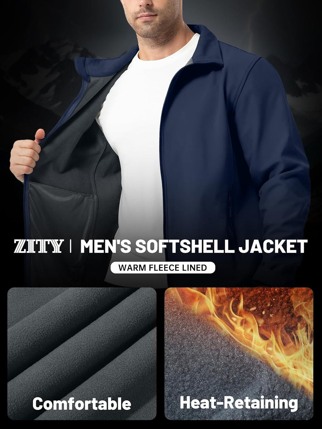 ZITY Men's Softshell Jacket Fleece Lined Lightweight Waterproof Rain Jacket Zip Up Soft Shell Windproof Windbreaker