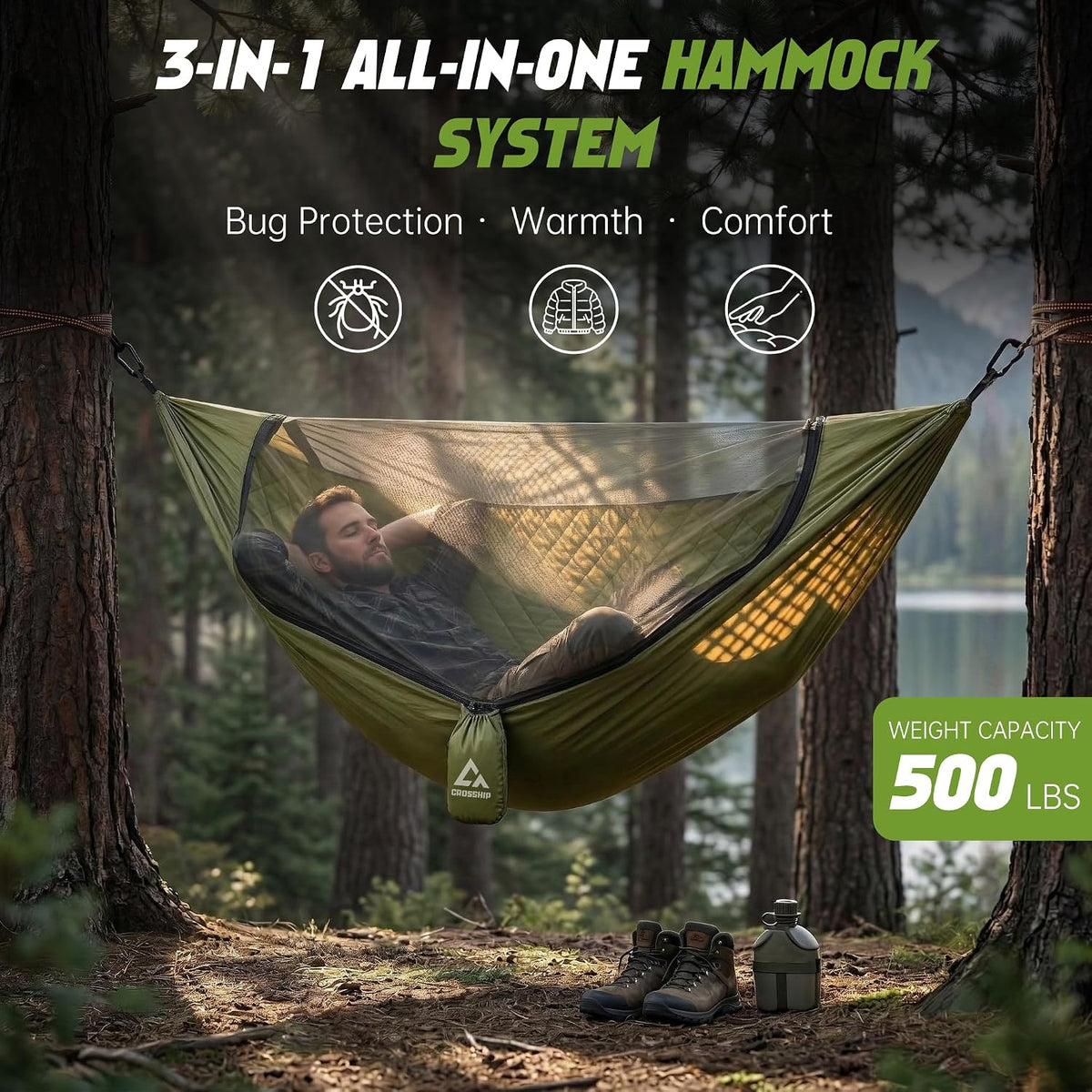 Camping Hammock with Mosquito Net with Built-in Underquilt - Built-in Quilt for Lightweight Soft Warm 4 Seasons, Great for Hiking Backpacking Camping Travel(Hold Up to 500lbs) - Olive Green