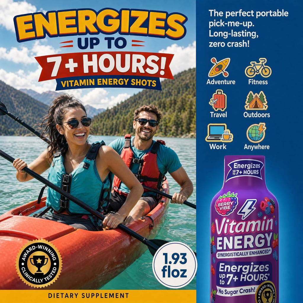 Vitamin Energy Berry Vibe Extra Strength Energy Shot, 36 Pack - Up to 7 Hrs, 260mg Natural Caffeine, Zero Sugar - BCAAs + CoQ10, Focus Support, B12 B6 Niacin, 1.93 fl oz, Keto Vegan
